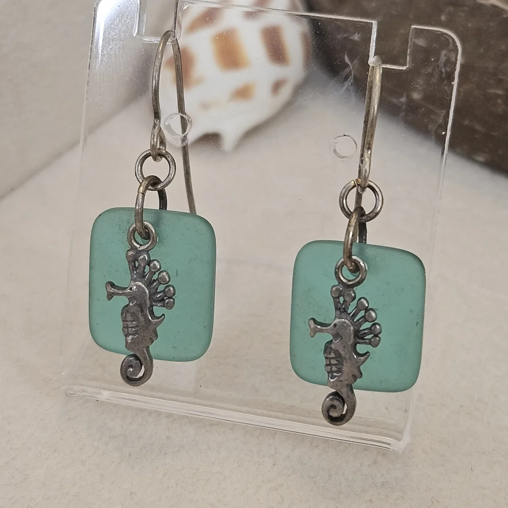 Handmade 925 Seahorse Sterling Silver Green Beach Glass Earrings